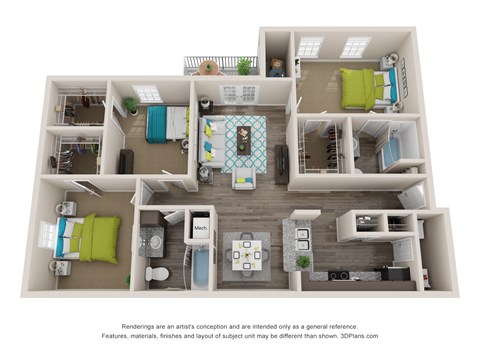 Floor plan for 3 beds, 2 baths, 1150 sqft